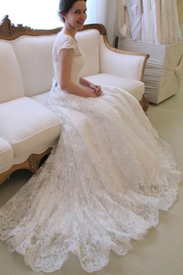 Scoop Neck Short Sleeve A-Line Lace Wedding Dress WD043 - Pgmdress