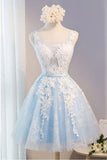 Scoop Neck Short Tulle Homecoming Dress Party Dress With Appliques Lace  PG137