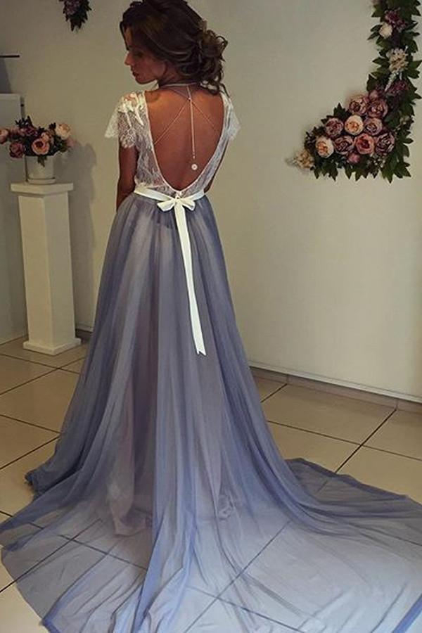 Scoop Neckline Cap Sleeves Chiffon Prom Dress with Lace Backless PG351 - Pgmdress