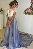 Scoop Neckline Cap Sleeves Chiffon Prom Dress with Lace Backless PG351