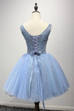 Scoop Short Blue Tulle Homecoming Dress Party Dresses with Appliques PG122 - Pgmdress