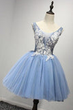 Scoop Short Blue Tulle Homecoming Dress Party Dresses with Appliques PG122