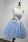 Scoop Short Blue Tulle Homecoming Dress Party Dresses with Appliques PG122 - Pgmdress