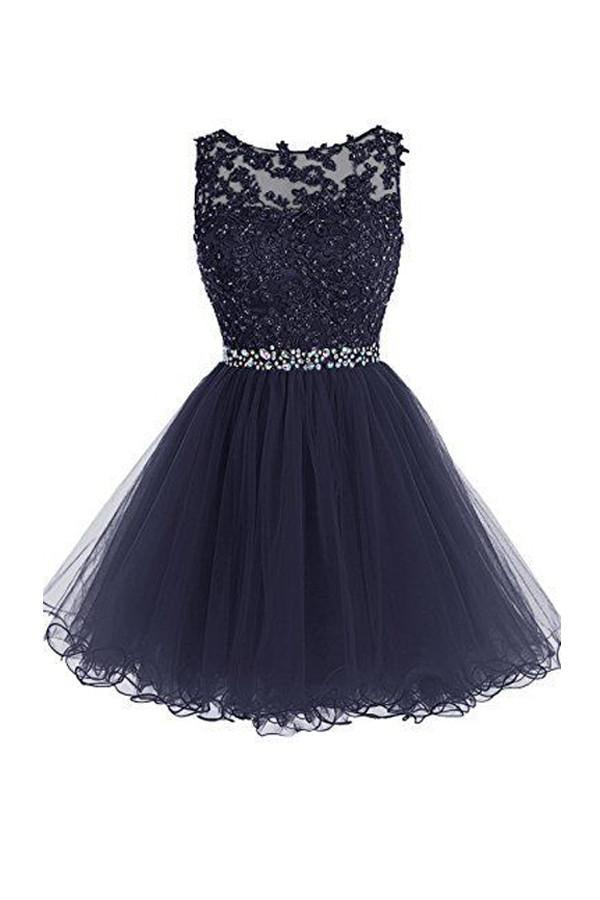 Scoop Short Nave Blue Zipper-up Tulle Homecoming Dress With Beading PG096 - Pgmdress