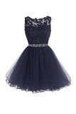 Scoop Short Nave Blue Zipper-up Tulle Homecoming Dress With Beading PG096