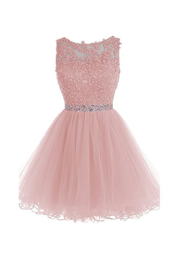 Scoop Short Pink Zipper-up Tulle Homecoming Dress With Beading PG097 - Pgmdress
