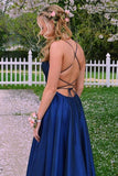 Scoop Split Side Royal Blue Criss-Cross Straps Satin Prom Dress PG500 - Pgmdress