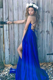 Scoop Split Side Royal Blue Criss-Cross Straps Satin Prom Dress PG500 - Pgmdress