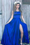 Scoop Split Side Royal Blue Criss-Cross Straps Satin Prom Dress PG500