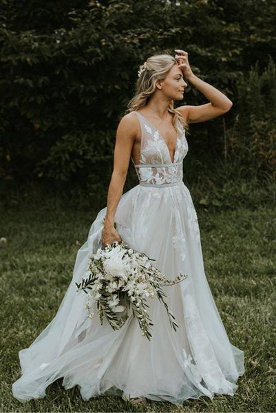 See Through Lace Ivory Tulle V-neck V-back Beach Wedding Dress WD419 US6 / Custom Color