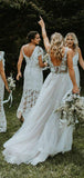 See Through Lace Ivory Tulle V-neck V-back Beach Wedding Dresses WD419 - Pgmdress