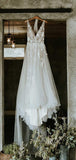 See Through Lace Ivory Tulle V-neck V-back Beach Wedding Dresses WD419 - Pgmdress