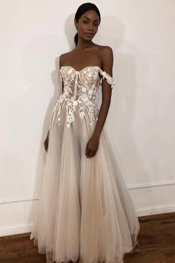 See-Through Off Shoulder Ivory Long Wedding Dress with Appliques WD363 - Pgmdress