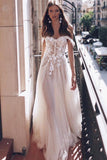 See-Through Off Shoulder Ivory Long Wedding Dress with Appliques WD363 - Pgmdress