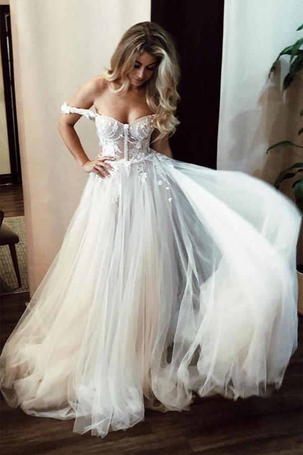 See-Through Off Shoulder Ivory Long Wedding Dress with Appliques WD363 - Pgmdress