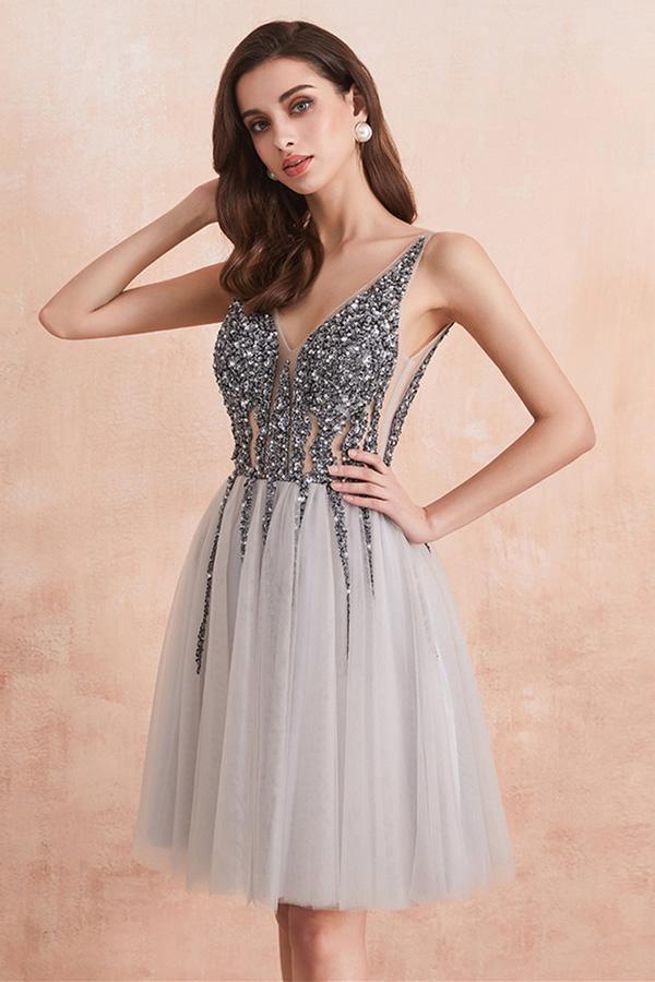 Sequins Beaded V-neck Tulle Short Prom Dresses Gray Homecoming Dresses PD336 - Pgmdress
