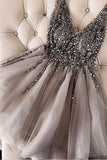 Sequins Beaded V-neck Tulle Short Prom Dresses Gray Homecoming Dresses  PD336