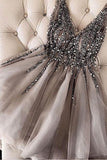 Sequins Beaded V-neck Tulle Short Prom Dresses Gray Homecoming Dresses PD336 - Pgmdress