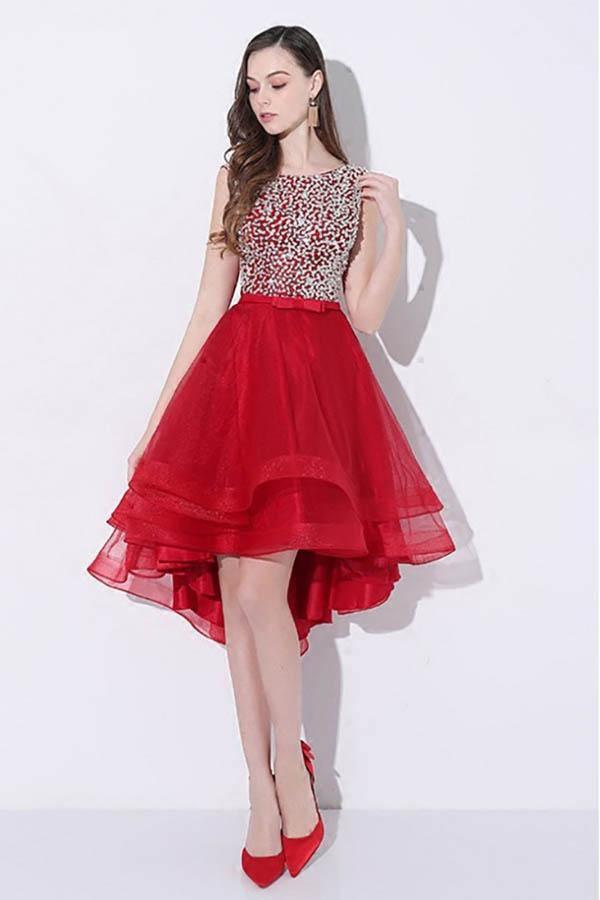 Sequins Red High Low Prom Homecoming Dress with Open Back PD095 - Pgmdress