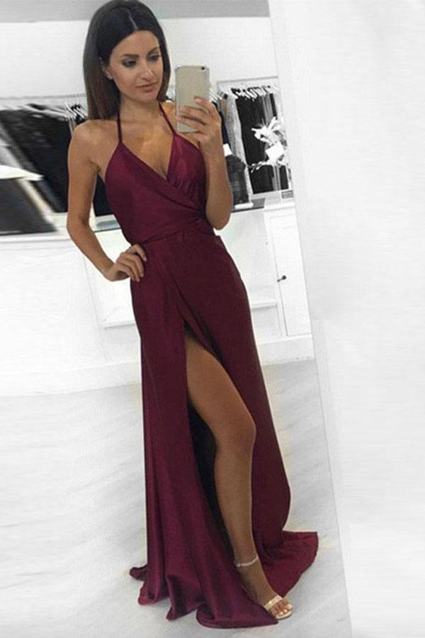 Burgundy Long Prom Evening Dresses, Mermaid Slit Halter Long Prom Dresses Burgundy Long Prom Evening Dresses, Mermaid Slit Halter Long Prom Dresses