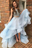 Sexy A-Line Light Blue Two Piece High Low Beading Prom Formal Dress PM221