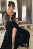 Sexy schwarzes Abendkleid mit langen Ärmeln und Spitze, Abendkleider PG341