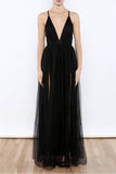 Sexy schwarze Abendkleider mit V-Ausschnitt und seitlichem Schlitz aus Tüll, Abschlussballkleider PG367