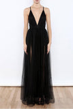 Sexy Black V Neck Side Slit Tulle Evening Gowns Prom Dresses PG367