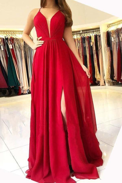 Sexy Chiffon Red Halter Side Slit Long Evening Prom Dress PG708 US12 / Red Sexy Chiffon Red Halter Side Slit Long Evening Prom Dress PG708 US12 / Red