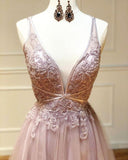 Sexy Deep V-neck Appliques A-Line Tulle Pink Long Prom Dress PSK108 - Pgmdress
