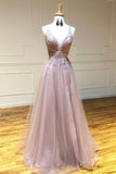 Sexy Deep V-neck Appliques A-Line Tulle Pink Long Prom Dress  PSK108