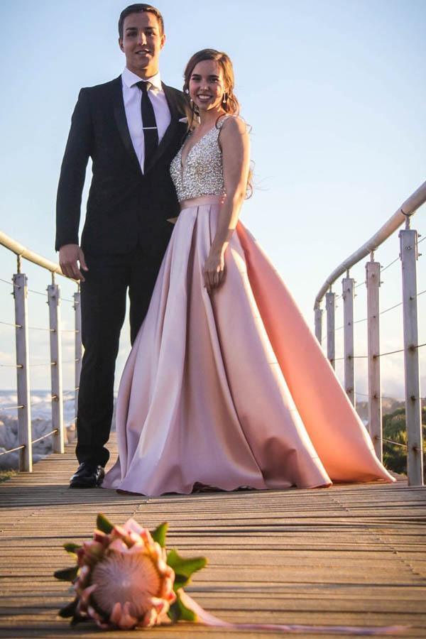 sexy blush pink dress Sexy Deep V-Neck Beaded Bodice A-Line Blush Satin Prom Dress PSK013 Custom Size / Pink