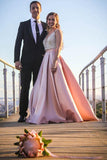 Sexy Deep V-Neck Beaded Bodice A-Line Blush Satin Prom Evening Dress PSK013 - Pgmdress
