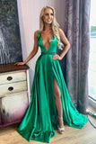 Sexy Deep V-neck Green Satin Long Prom Dres With Side Split  PG927