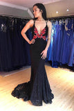 Sexy Deep V-Neck Black Embroidery Lace Prom Evening Dress  PSK035