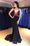 Sexy Deep V-Neck Navy Blue Embroidery Lace Prom Evening Dress PSK035 - Pgmdress