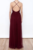 Sexy Deep V Neck Tulle High Slit Burgundy Prom Dresses Evening Dresses PG373 - Pgmdress