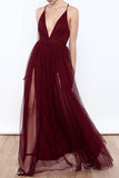 Sexy Deep V Neck Tulle High Slit Burgundy Prom Dresses Evening Dresses PG373