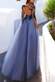Sexy Long Sleeves Blue Lace Open Back Prom Dresses Evening Dresses PG663 - Pgmdress