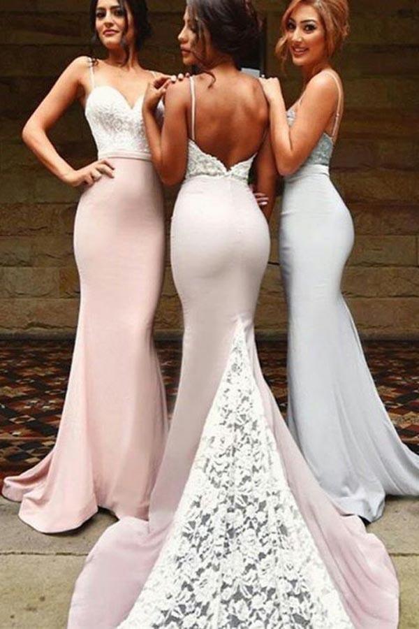 Sexy Spaghetti Long Bridesmaid Dresses With White Lace BD035 - Pgmdress