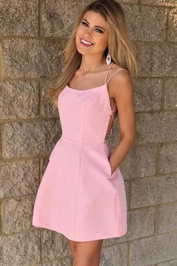 Sexy Spaghetti Straps Short Pink Homecoming Dress with Pockets PD102- Pgmdress