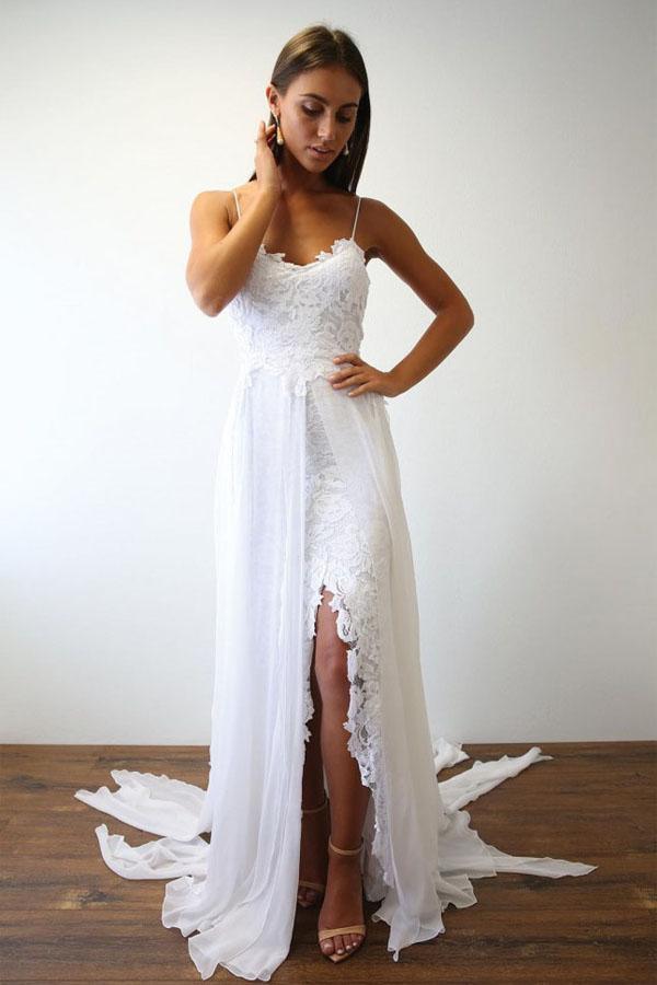 Sexy Spaghetti Straps White Long Beach Wedding Dress WD5013 - Pgmdress