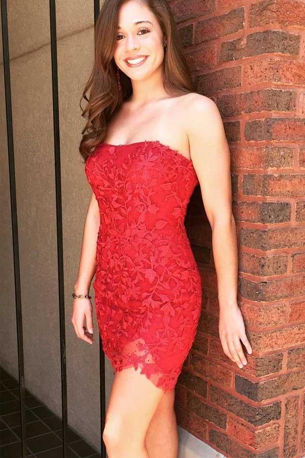 Sexy Strapless Tight Red Lace Short Prom Dress Homecoming Dress PD394 - Pgmdress