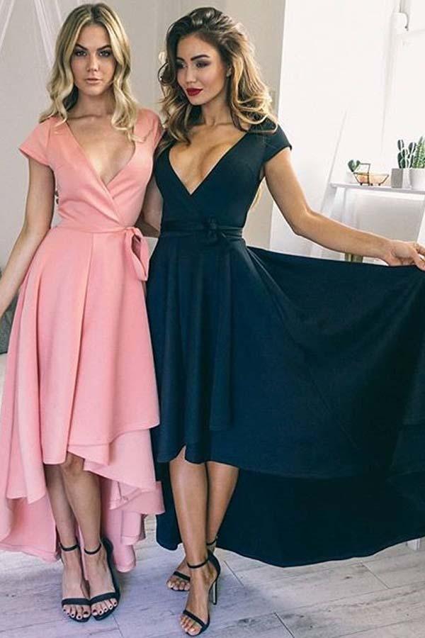 Sexy V Neck Cap Sleeves Satin High Low Homecoming Dress PD073 - Pgmdress