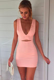 Sheath Deep V-Neck Keyhole Pink Stretch Satin Homecoming Dress  PD009