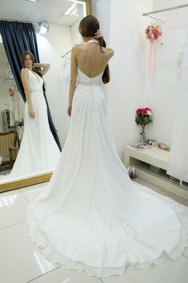 Sheath Halter Backless Sweep Train Wedding Dress with Beading WD078 - Pgmdress