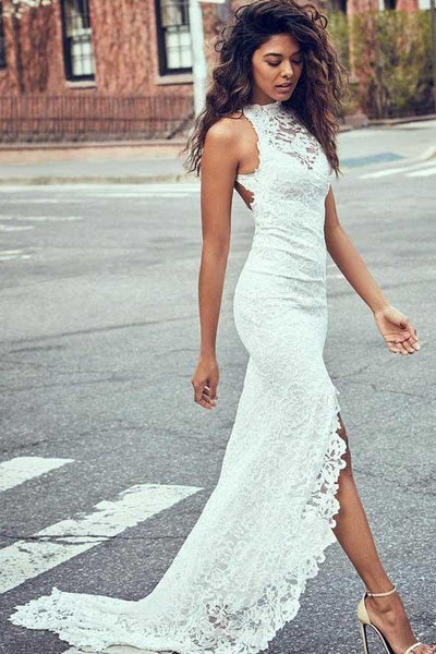 open back high neck wedding dress High Neck Sleeveless Open Back Satin A-Line Wedding Dress With Slit White / US 6