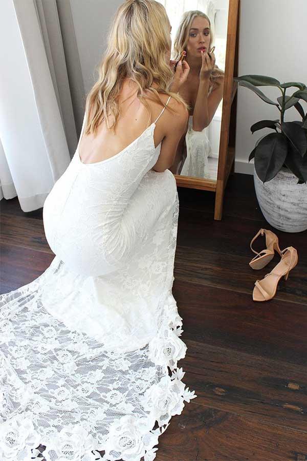 Sheath Lace Backless Scoop Sleeveless Split Court Train Wedding Dress WD258 - Pgmdress
