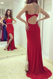 Sheath Round Neck Open Back Red Spandex Prom Dress with Beading Split PG606 - Pgmdress