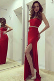 Sheath Round Neck Open Back Red Spandex Prom Dress with Beading Split PG606